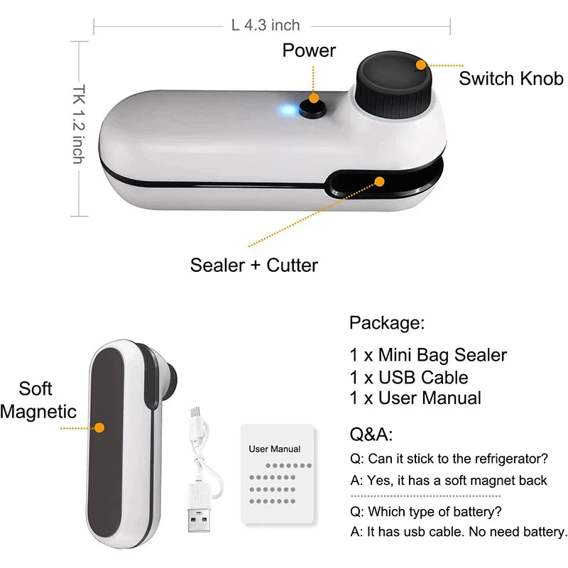 Mini Bag Sealer 2 in 1 USB Rechargeable Heat Sealer and Cutter