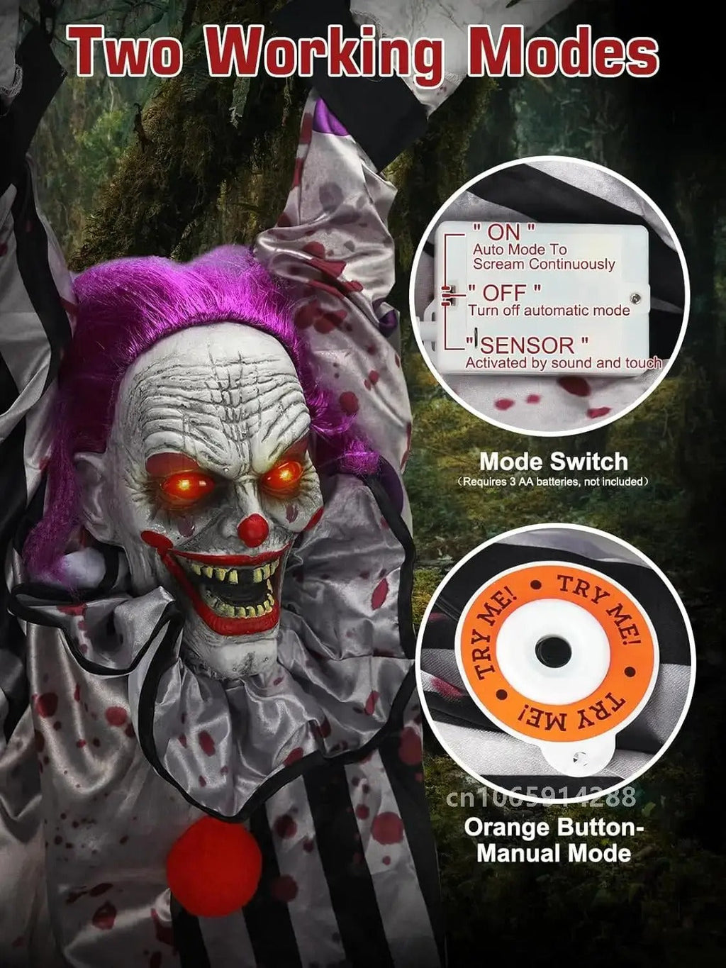 Scary Hanging Clown Animatronics with Glowing Eyes Haunted